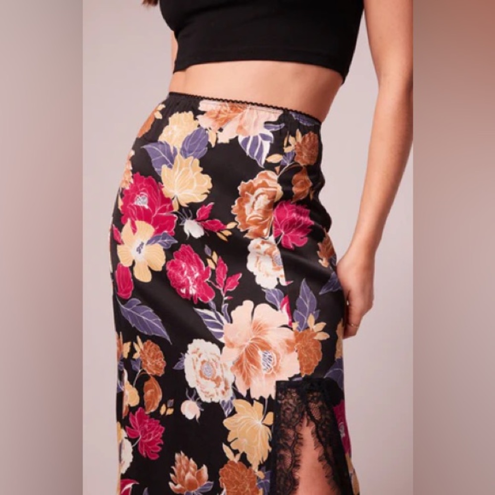 Floral Satin Midi Skirt - Black Multi